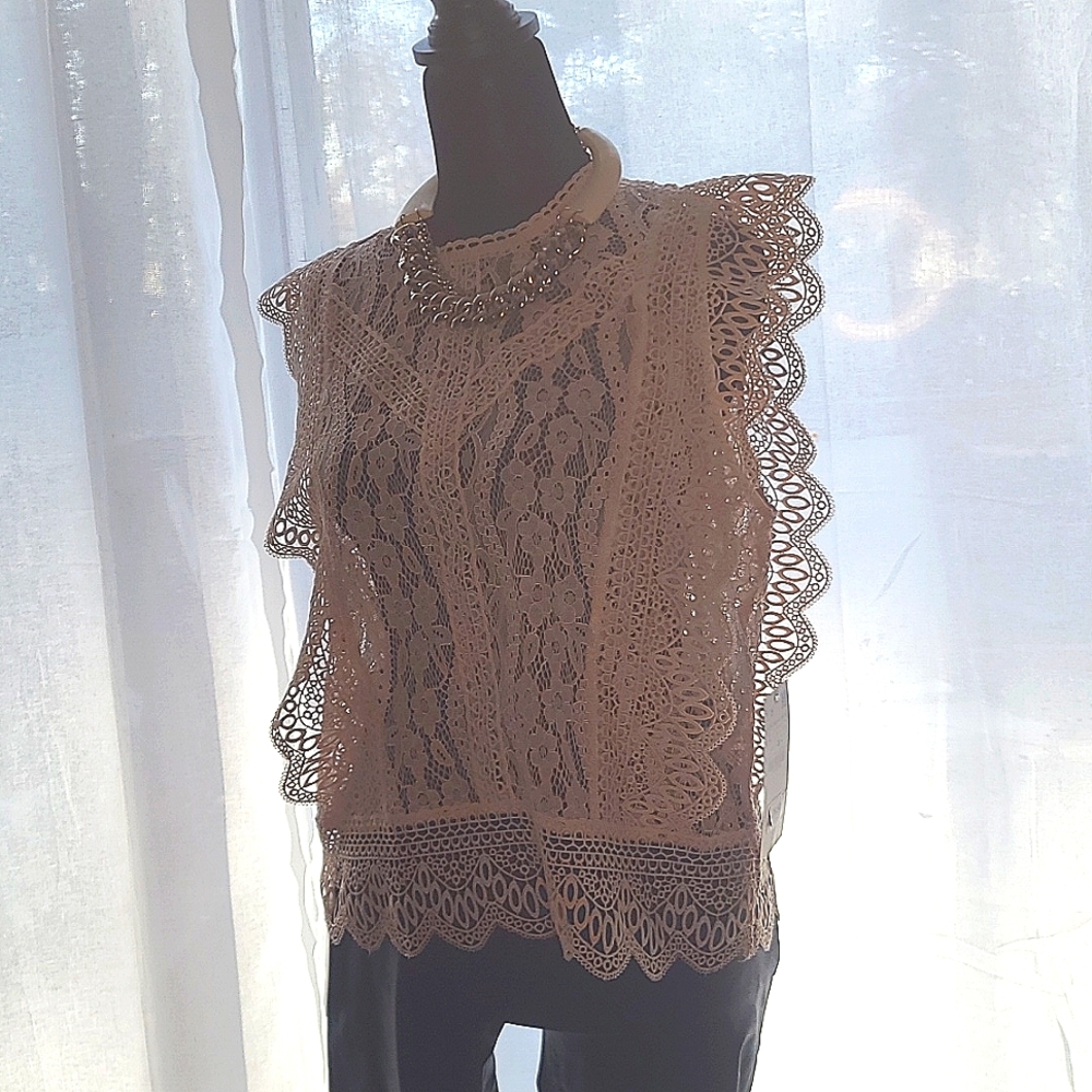Zara Womens Top Size L Beige Floral Blouse